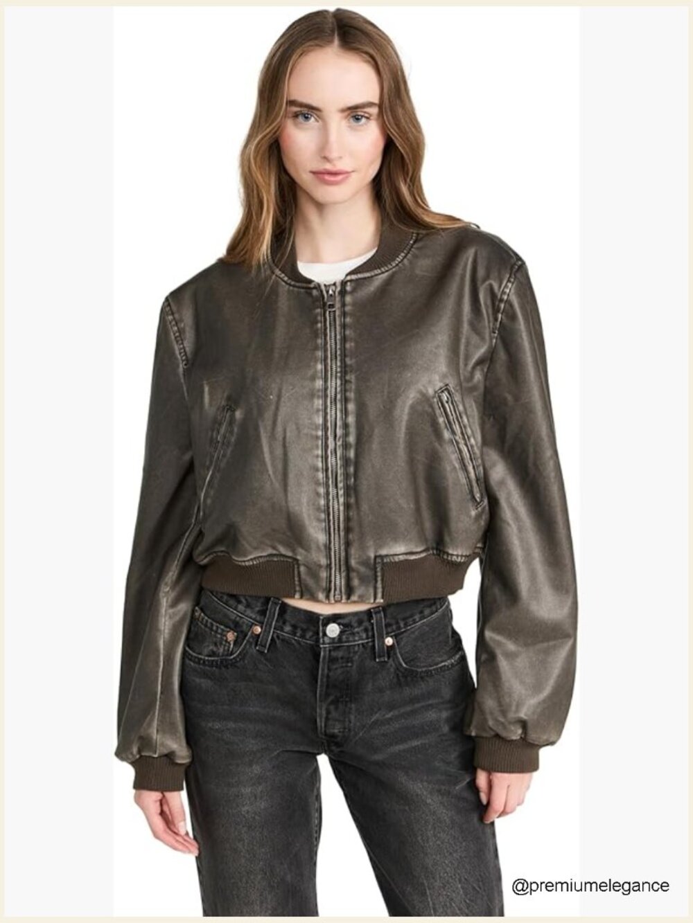 Faux Leather Bomber Jacket, Cropped Zip Front, Ribbed Trim